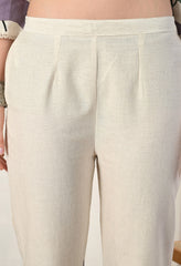 Cream Organic Cotton Kantha Work Kurta with Pants- Set of 2