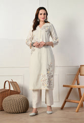 White Cotton Flex Embroidered Kurta with Pants- Set of 2