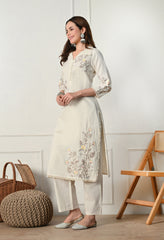 White Cotton Flex Embroidered Kurta with Pants- Set of 2