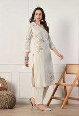 White Cotton Flex Embroidered Kurta with Pants- Set of 2