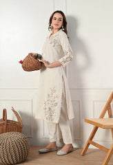 White Cotton Flex Embroidered Kurta with Pants- Set of 2