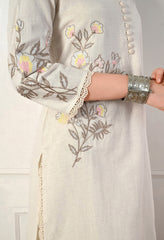 White Cotton Flex Embroidered Kurta with Pants- Set of 2