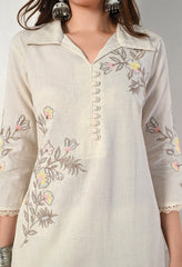 White Cotton Flex Embroidered Kurta with Pants- Set of 2