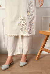 White Cotton Flex Embroidered Kurta with Pants- Set of 2