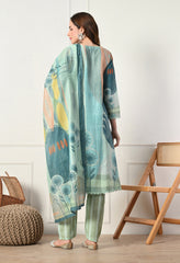 Green Cotton Linen Digital Print Embroidered Suit-Set of 3