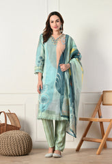 Green Cotton Linen Digital Print Embroidered Suit-Set of 3