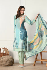 Green Cotton Linen Digital Print Embroidered Suit-Set of 3