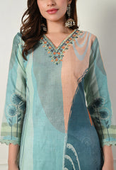 Green Cotton Linen Digital Print Embroidered Suit-Set of 3