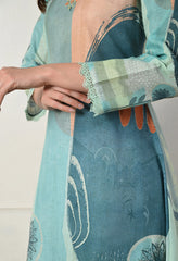 Green Cotton Linen Digital Print Embroidered Suit-Set of 3