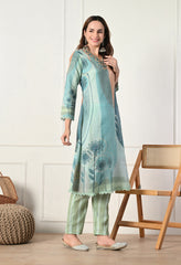 Green Cotton Linen Digital Print Embroidered Suit-Set of 3