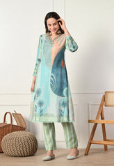 Green Cotton Linen Digital Print Embroidered Suit-Set of 3