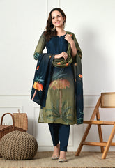 Teal Blue Green Silk Digital Print Embroidered Suit-Set of 3