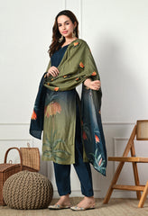 Teal Blue Green Silk Digital Print Embroidered Suit-Set of 3