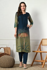 Teal Blue Green Silk Digital Print Embroidered Suit-Set of 3