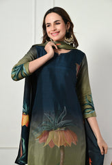 Teal Blue Green Silk Digital Print Embroidered Suit-Set of 3