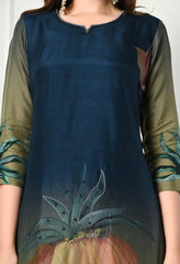 Teal Blue Green Silk Digital Print Embroidered Suit-Set of 3