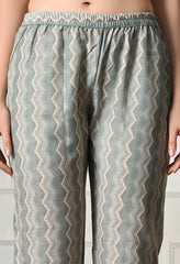 Beige Cotton Linen Digital Print Embroidered Suit-Set of 3