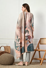 Beige Cotton Linen Digital Print Embroidered Suit-Set of 3