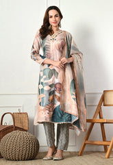 Beige Cotton Linen Digital Print Embroidered Suit-Set of 3