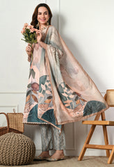 Beige Cotton Linen Digital Print Embroidered Suit-Set of 3