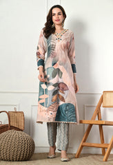 Beige Cotton Linen Digital Print Embroidered Suit-Set of 3