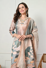Beige Cotton Linen Digital Print Embroidered Suit-Set of 3