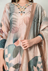 Beige Cotton Linen Digital Print Embroidered Suit-Set of 3