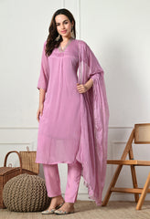 Lavender Chinon Hand Embroidered A-Line Suit- Set of 3