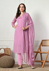 Lavender Chinon Hand Embroidered A-Line Suit- Set of 3