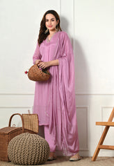 Lavender Chinon Hand Embroidered A-Line Suit- Set of 3