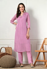 Lavender Chinon Hand Embroidered A-Line Suit- Set of 3