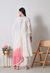 Cream Peach Cotton Chikankari Embroidered A-Line Suit-Set of 3