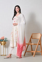 Cream Peach Cotton Chikankari Embroidered A-Line Suit-Set of 3