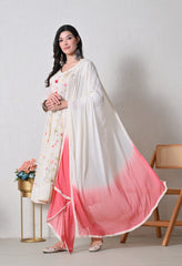 Cream Peach Cotton Chikankari Embroidered A-Line Suit-Set of 3