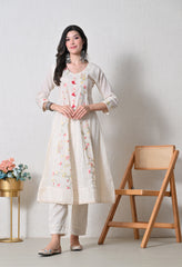 Cream Peach Cotton Chikankari Embroidered A-Line Suit-Set of 3