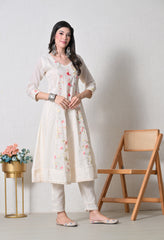 Cream Peach Cotton Chikankari Embroidered A-Line Suit-Set of 3