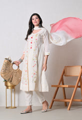 Cream Peach Cotton Chikankari Embroidered A-Line Suit-Set of 3
