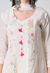 Cream Peach Cotton Chikankari Embroidered A-Line Suit-Set of 3