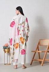 Cream & Pink Floral Digital Print Cotton Suit- Set of 3