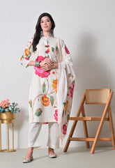 Cream & Pink Floral Digital Print Cotton Suit- Set of 3