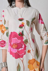 Cream & Pink Floral Digital Print Cotton Suit- Set of 3