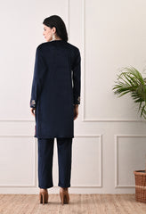 Indo-Western Dark Blue Velvet Coord Set with Multi Colored Embroidery