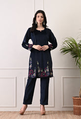Indo-Western Dark Blue Velvet Coord Set with Multi Colored Embroidery