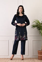 Indo-Western Dark Blue Velvet Coord Set with Multi Colored Embroidery