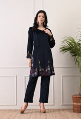 Indo-Western Dark Blue Velvet Coord Set with Multi Colored Embroidery