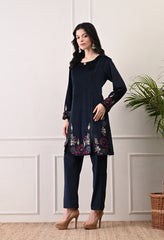 Indo-Western Dark Blue Velvet Coord Set with Multi Colored Embroidery
