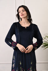 Indo-Western Dark Blue Velvet Coord Set with Multi Colored Embroidery