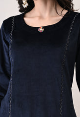 Indo-Western Dark Blue Velvet Coord Set with Multi Colored Embroidery
