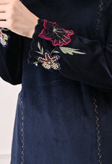 Indo-Western Dark Blue Velvet Coord Set with Multi Colored Embroidery