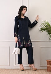 Indo-Western Dark Blue Velvet Coord Set with Multi Colored Embroidery